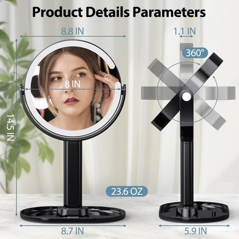 8" Lighted Makeup Mirror with Magnification, 1X/10X Magnifying Mirror with Light, Rechargeable Double Sided LED Vanity Mirror, 360° Rotation Light up Mirror 3 Colors Brightness Adjustable, Black