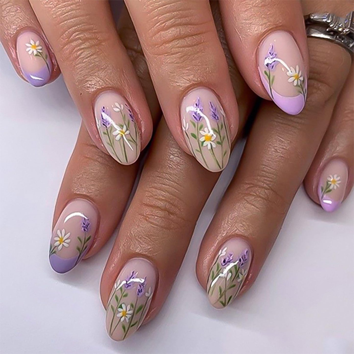 Summer Press on Nails Short Almond Fake Nails with Glue Purple Flowers Design Acrylic Nails Full Cover French Tip Press on Nails Almond Glue on Nails Short Summer Nails Stick on Nails for Women 24PCS