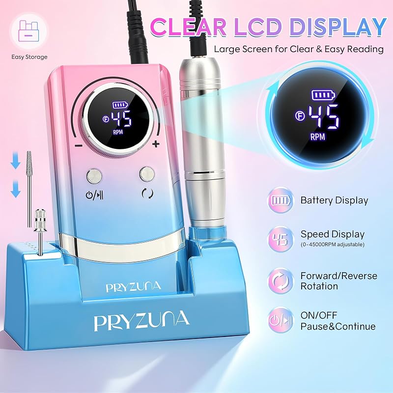 PRYZUNA Electric Nail Drill 45000RPM – Cordless Portable E-File with Gradient Variation