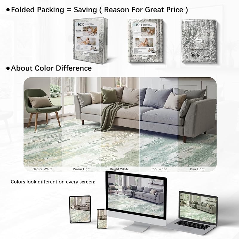 DCX Washable Abstract Area Rug 8x10 - Non-Slip, Sage Green, 1/4" Pile — Variation: Green & White+8' x 10' (Rectangular)