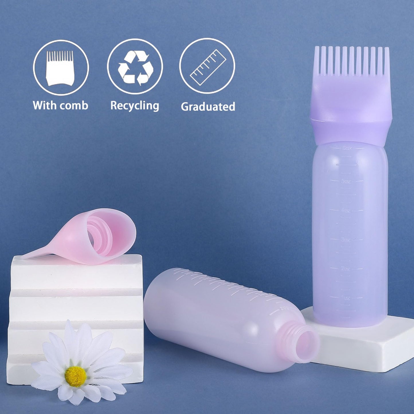 Pimoys Root Comb Applicator Bottle 6 Ounce, Oil Applicator for Hair Dye, Hair Oiling Bottle Brush with Graduated Scale, Purple