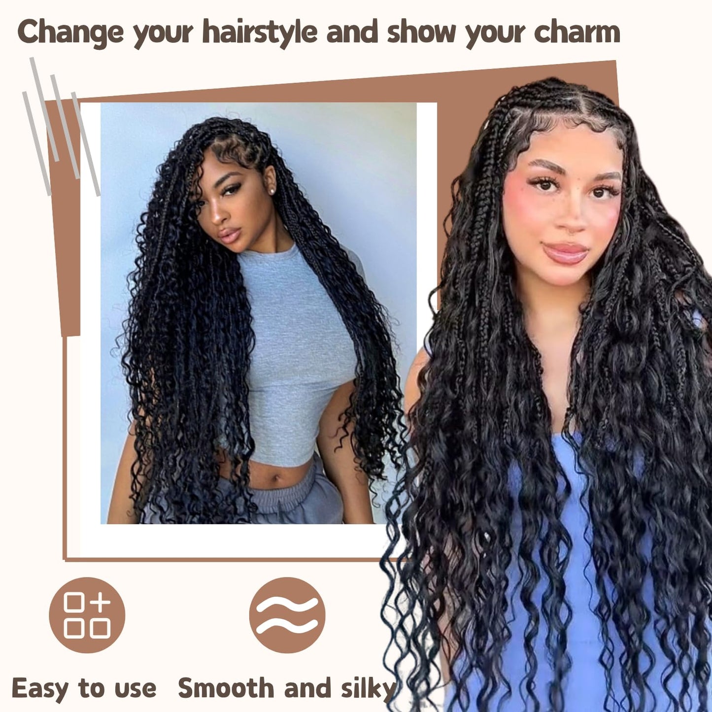 Boho Hair for Braiding, 6 Bundles 24 Inch Deep Wave Bulk for Boho Braids No Weft 200G Curly Bohemian Wet and Wavy Faux Braiding Hair Extensions,(P27/30#)