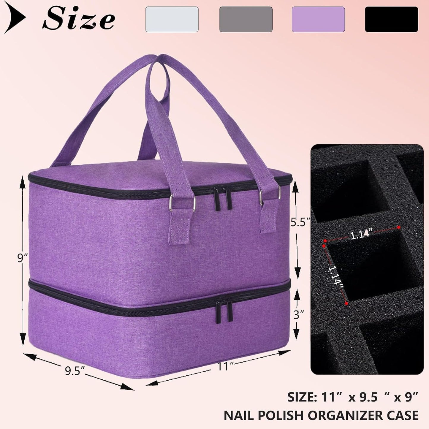 Nail Polish Organizer Bag with Travel Case for 30+ Bottles & Nail Lamp - Purple
