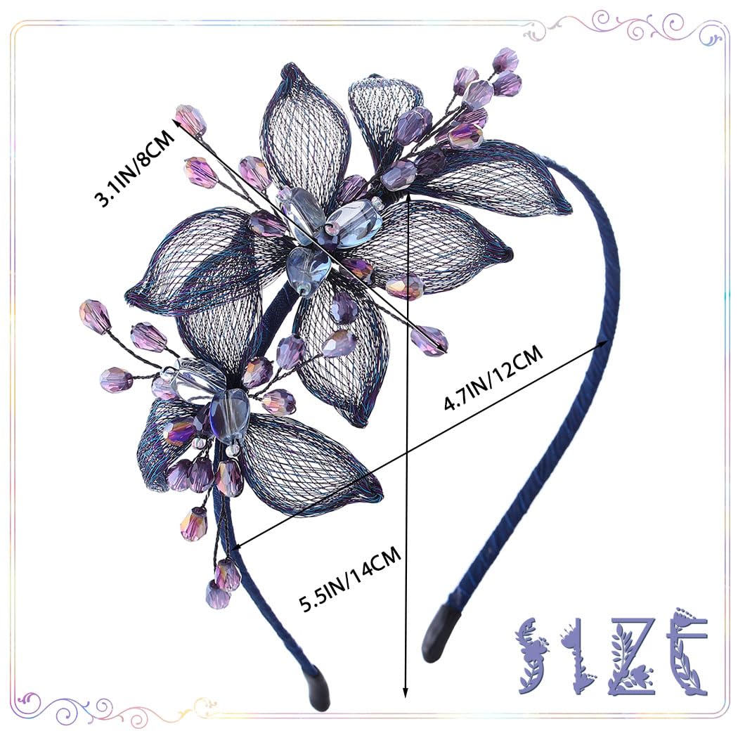 Formery Blue Crystals Bridal Headband Wedding Flowers Bride Hairband Prom Wire Floral Headpiece Hair Accessories for Women