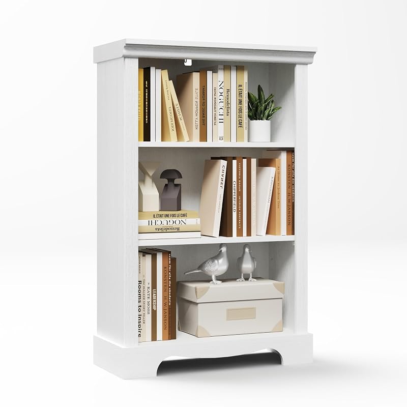 3-Tier Bookshelf, Small White Bookcase — 11.4"D x 24.6"W x 38"H — Variation: White+3-tier