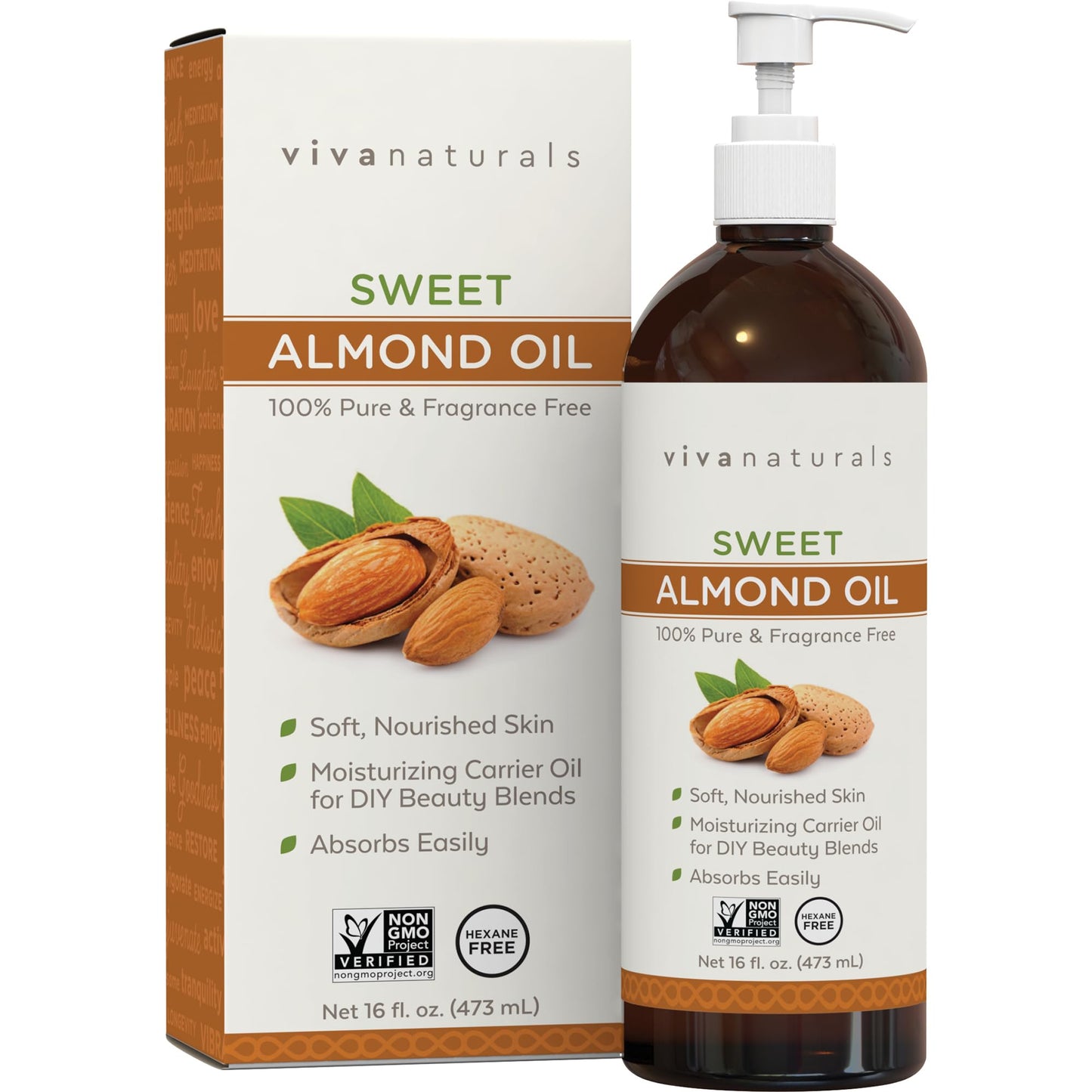 Viva Naturals Sweet Almond Oil for Skin - Body Oil, Hair Moisturizer and Relaxing Massage and Oil, Carrier Oil for Essential Oils Mixing, Non-Greasy Pure Sweet Almond Oil for Hair and Skin, 16 fl oz