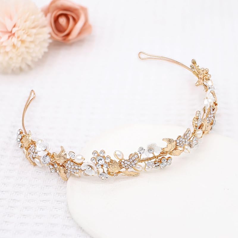 Oriamour Gold Rhinestone Pearl Bridal Headband - 15 Inch Wedding Hair Accessory (Variation: Gold+1 Count)