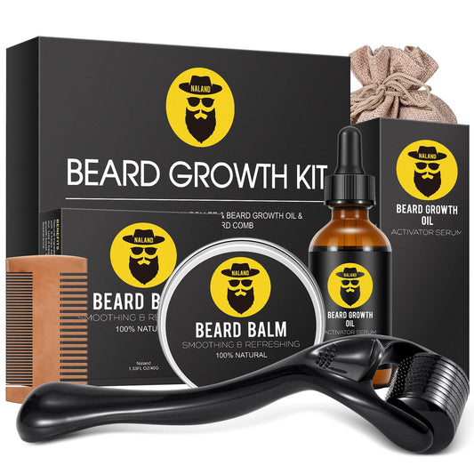 Beard Growth Kit - Beard Kit for Men with Beard Growth Oil (2oz), Beard Balm, Beard Comb, Massager for Spot/Patchy Beard - Christmas, Anniversary, Birthday for Men, Dad, Husband, Boyfriend