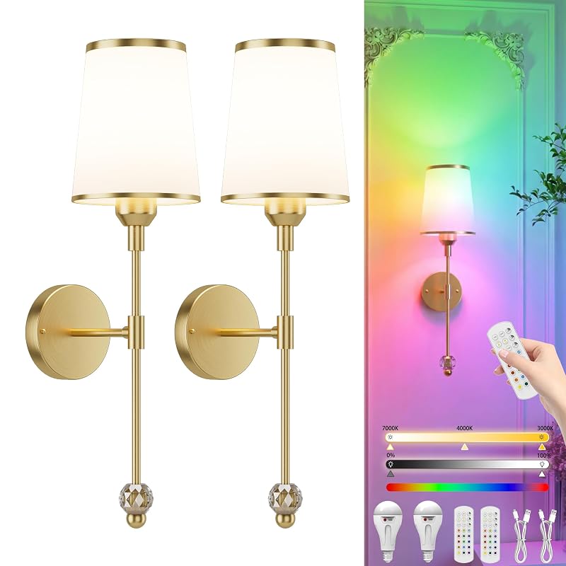 Gold Wall Sconces Set of Two - Battery Operated LED Wall Lighting (Variation: Gold)