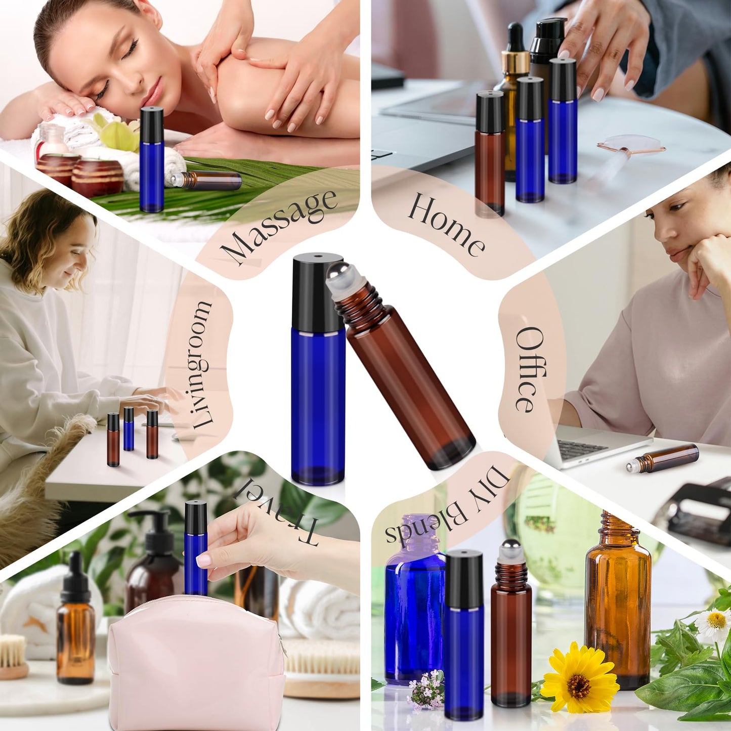ZEJIA 10ml Roller Bottles for Essential Oils, 4 Pack Glass Roll on Bottles, Refillable Perfume Bottle, with Stainless Steel Roller Balls, 2 Droppers, 1 Opener, Labels (Amber+Blue)