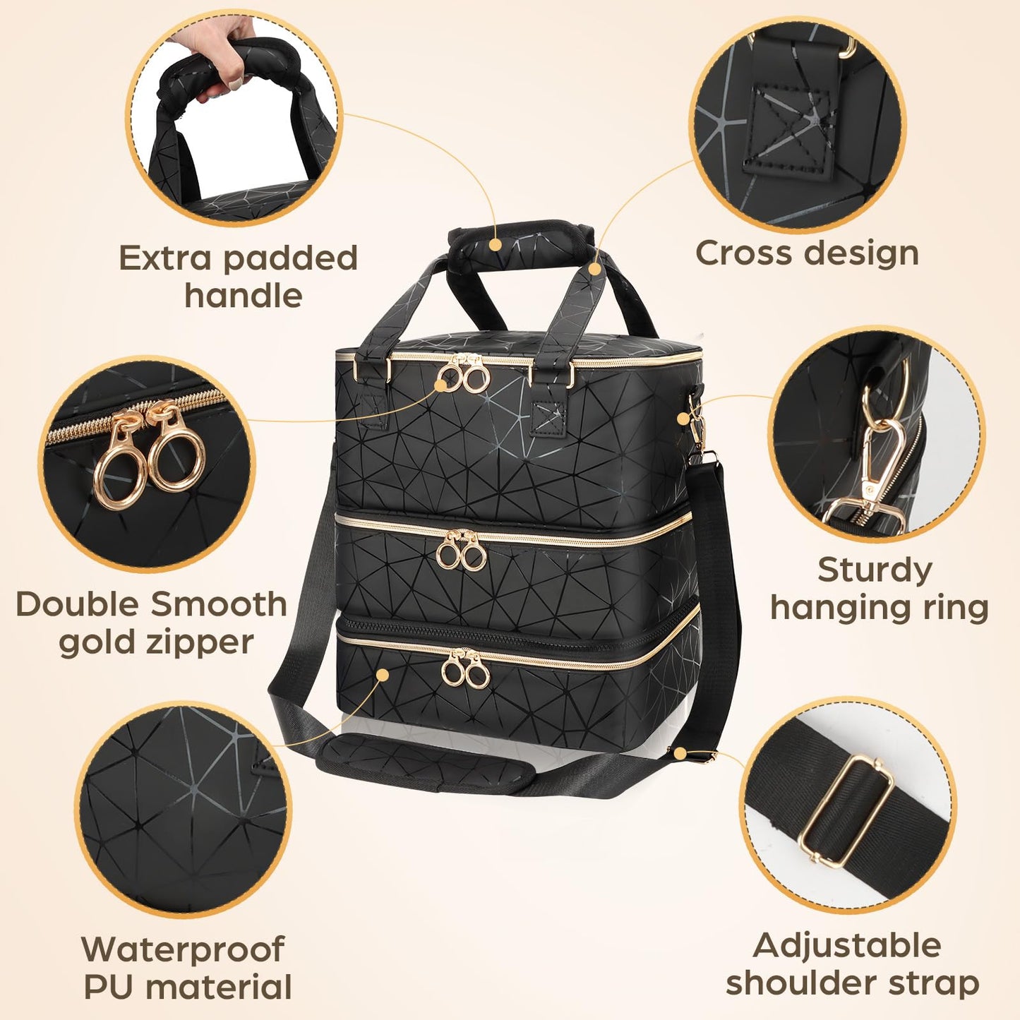 Nail Polish Organizer Bag Holds 84 Bottles & Nail Lamp, 3 Layers Nail Kit Storage Carrying Case Pu Leather, Large Nail Supplies Organizer With Shoulder Strap, Portable Travel Nail Bag For Nail Tech