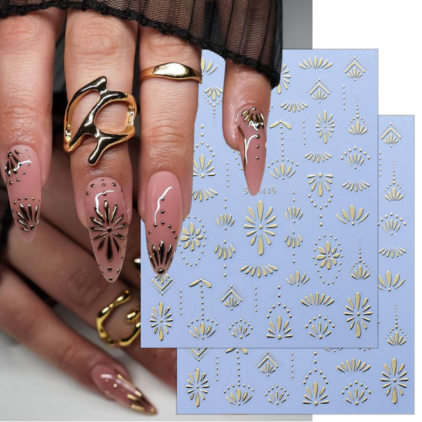 6 Sheets Bohemia Nail Stickers for Nail Art 3D Self-Adhesive Flower Nail Art Stickers Blue Silver Gold Flowers Nail Decals Bohemian Style Nail Design for Women DIY Nails Decoration Supplies
