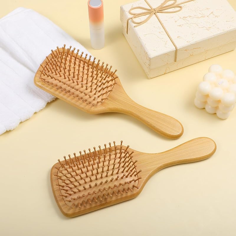 Molain 12 Pcs Bamboo Hair Brush Set - Square Variation Wooden Paddle Bristles Round-Tipped