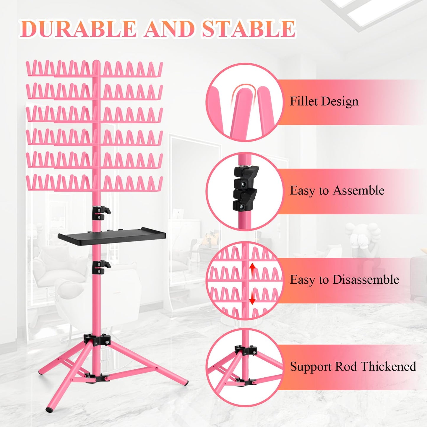 JANMPASK Braiding Hair Rack Height Adjustable 144 Pegs Braiding Rack Hair Extension Holder with Hair Braid Tools, Easy to Assemble (pink)