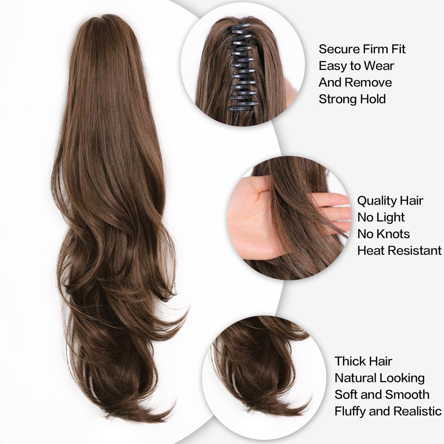 XIXISNOW Curly Ponytail Extension for Women 24'' Synthetic Heat Resistant Clip On Ponytails with Claw Clip Fluffy Long Hair Pieces Layered Ponytail Clips Extensions Party Daily Use(Brown,7.5OZ)