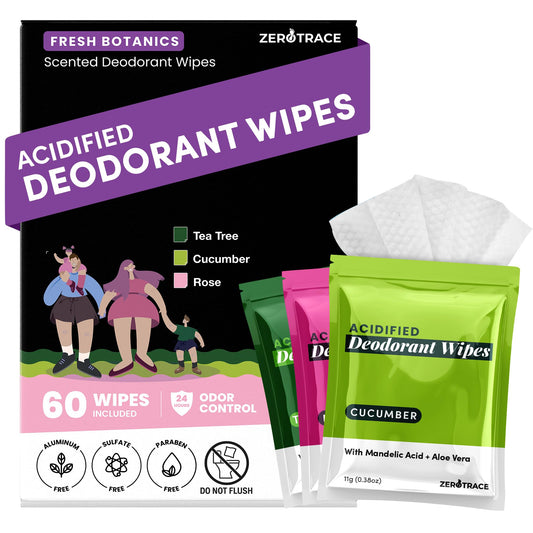 Zero Trace Travel Deodorant Wipes - 60 Count- 24 Hour Odor Control - Aluminum Free Hypoallergenic Mini Deodorant For Women and Men - Individually Wrapped Underarm & Body Wipes- Fresh Botanics