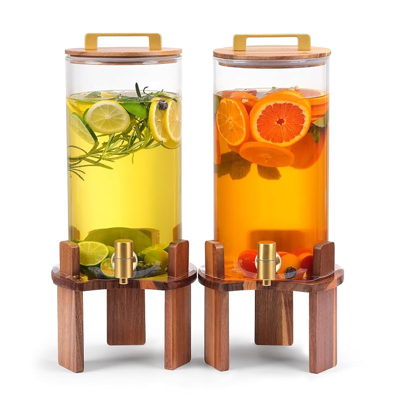 2 Pack 1.5 Gallon Glass Beverage Dispenser with Wood Stand & Stainless Spigot