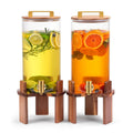 2 Pack 1.5 Gallon Glass Beverage Dispenser with Wood Stand & Stainless Spigot