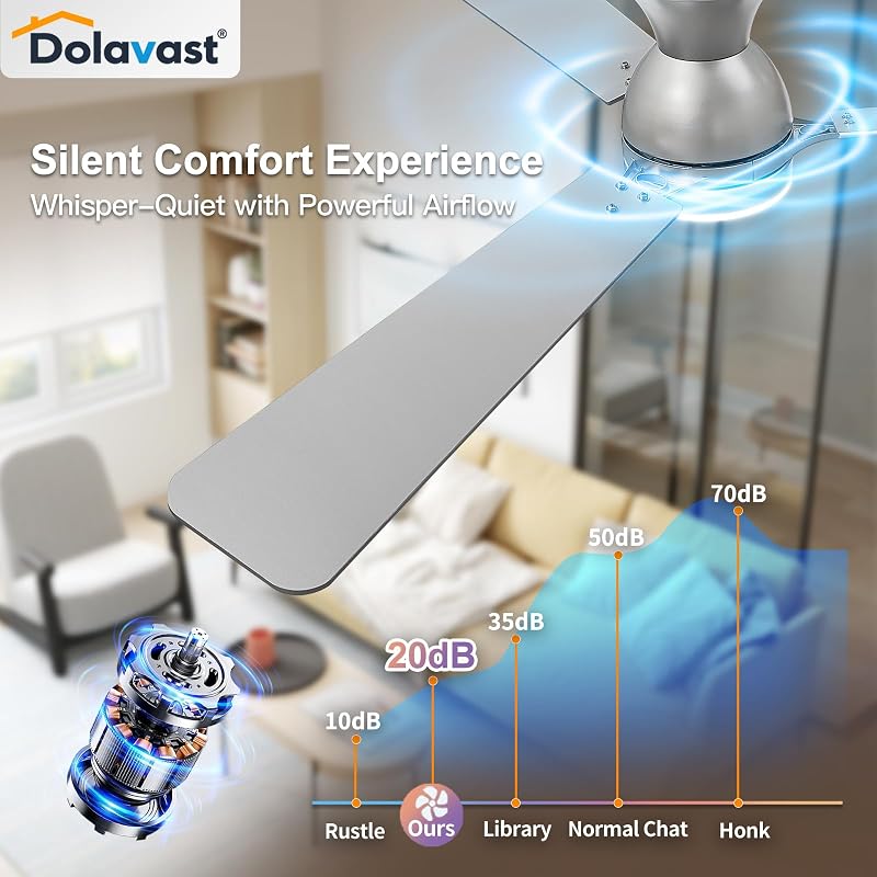 52-Inch Nickel Ceiling Fan with Light, DC Motor, Remote & App Control - Low Profile, Dimmable LED