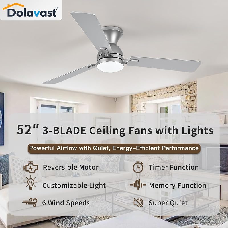 52-Inch Nickel Ceiling Fan with Light, DC Motor, Remote & App Control - Low Profile, Dimmable LED