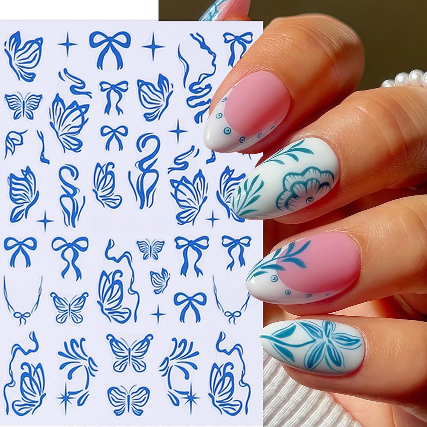 8Sheets Flower Nail Stickers for Nail Art Blue Bow French Line Nail Decals 3D Self-Adhesive Butterfly Leaf Floral Designs Nail Supplies Manicure Accessories for Spring Summer DIY Nails Art Decoration