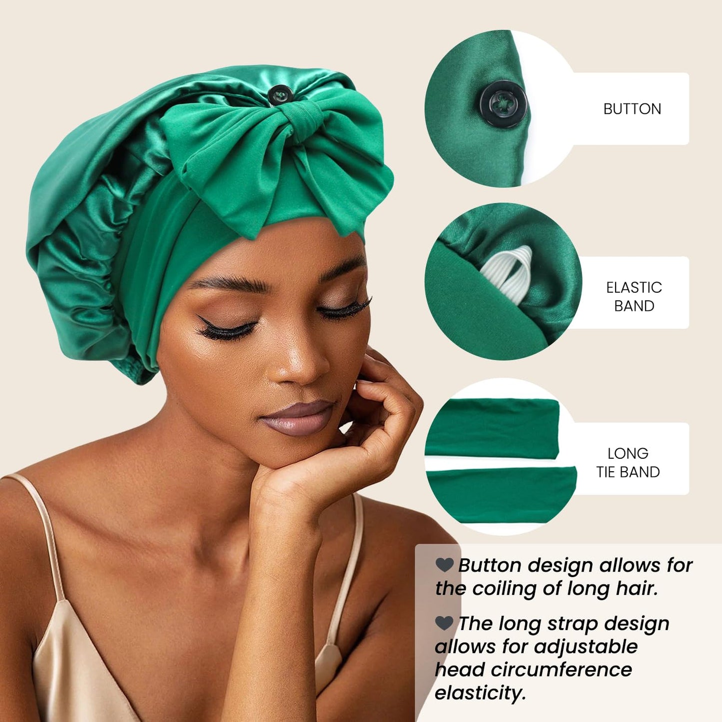 Bonnet for Braids, Double Sided Long Braid Bonnets for Black Women, Satin Silk Hair Bonnet for Sleeping Long Hair Sleep Cap with Tie Band - Hunter Green