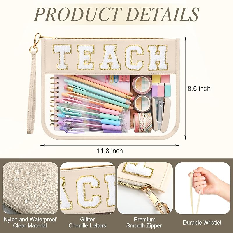 Milky White 6 Pcs Transparent Makeup Bags with Chenille Letter Zipper Pouches - Teach Variation