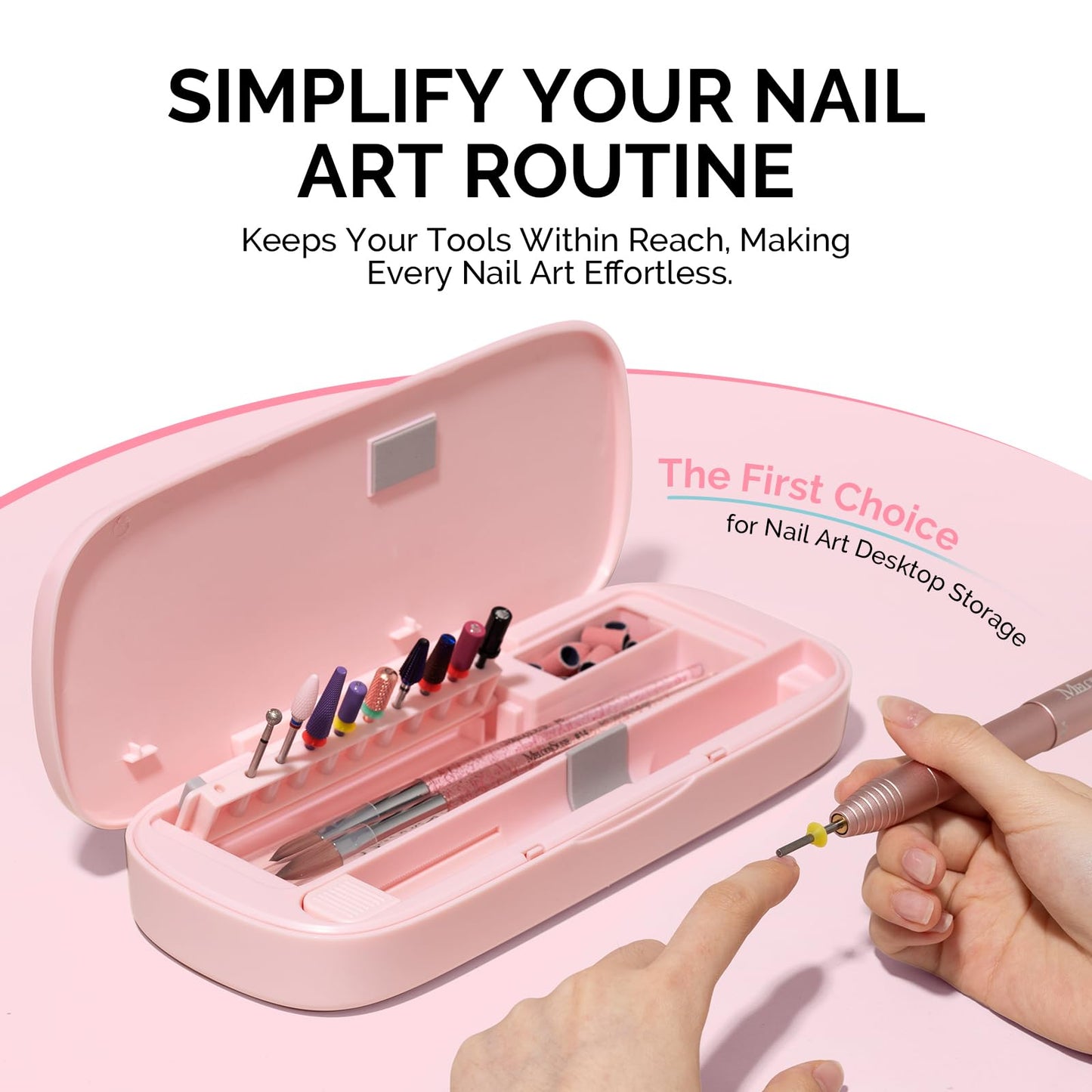 [2025 Upgraded]MelodySusie Acrylic Nail Tool Storage Box,Portable Dustproof Stand Displayer Holder Organizer Container Manicure Efile Accessories Nail Drill Kit Case,Travel Salon Home,Pink(Only Box)