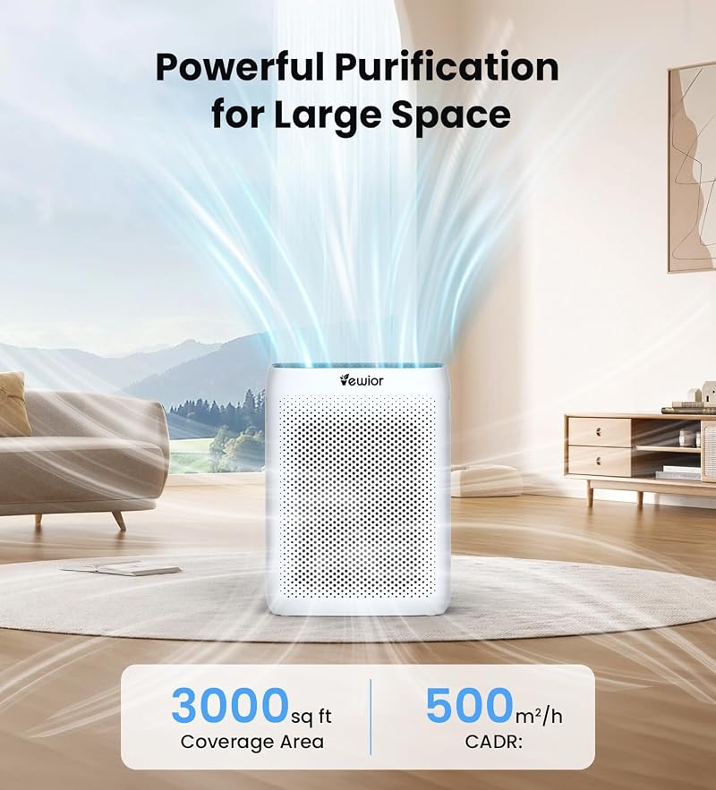 VEWIOR Large Room Air Purifier with Washable Filter, 3000 ft², White