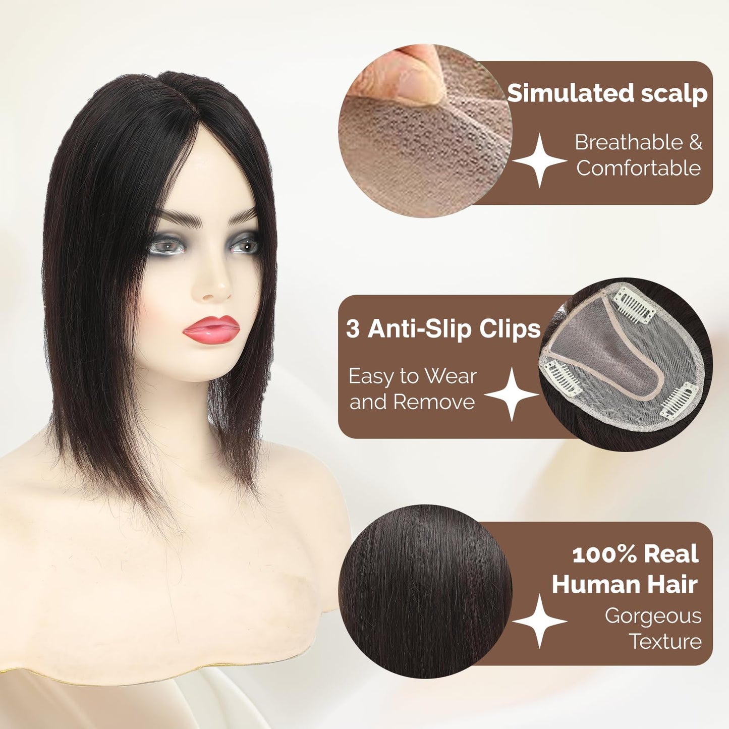 lagomance Hair Toppers for Women Real Human Toppers for Women with Thinning Hair 100% Real Human Hairpieces 12 inch Mono Base Hairpieces for Thinninghair（Natural Black）