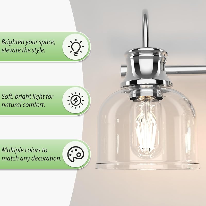 Chrome 3-Light Vanity Light Fixtures - Traditional Clear Glass with Black Backplate | Variation: Chrome+3Lights