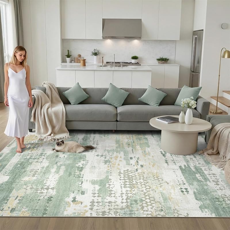 DCX Washable Abstract Area Rug 8x10 - Non-Slip, Sage Green, 1/4" Pile — Variation: Green & White+8' x 10' (Rectangular)