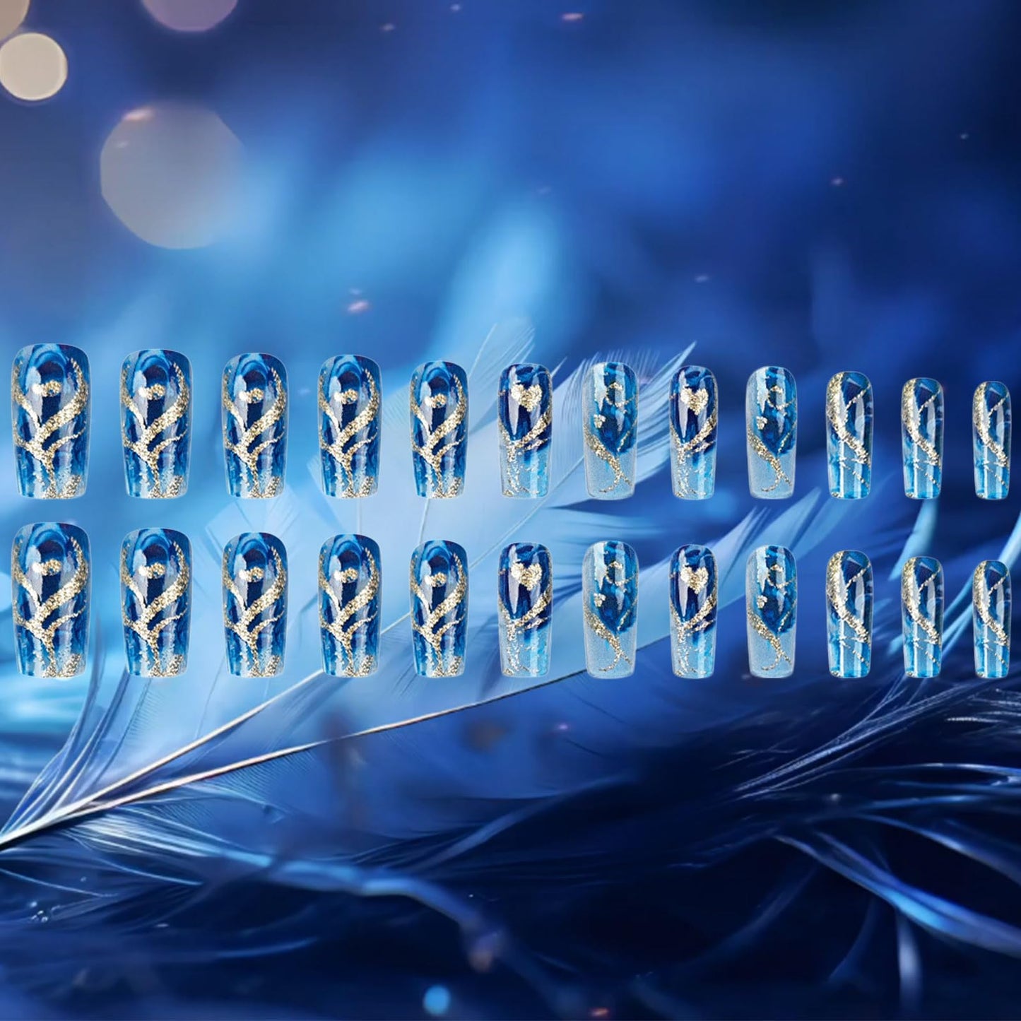 24Pcs Gold Curve Line Press on Nails Sea Acrylic Fake Nail Glossy Blue Gradient Medium Square False Nails Love Heart Stick on Fingernails Seaweed Gel Glue on Nail for Coquette Women Girls