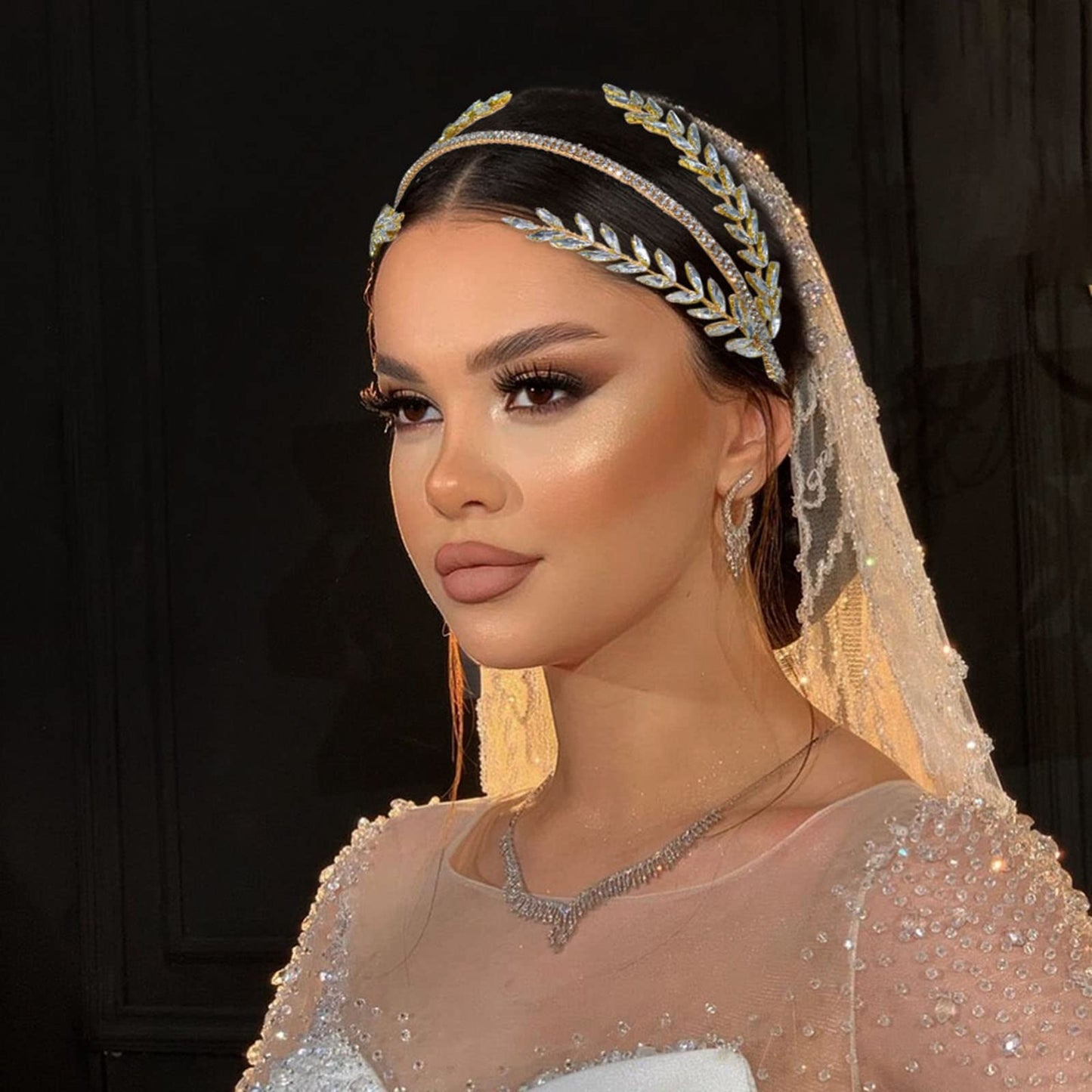 WONRLUA Rhinestone Bridal Headband, Wedding Headpiece for Bride, Wedding Hair Accessories for Brides(Gold)