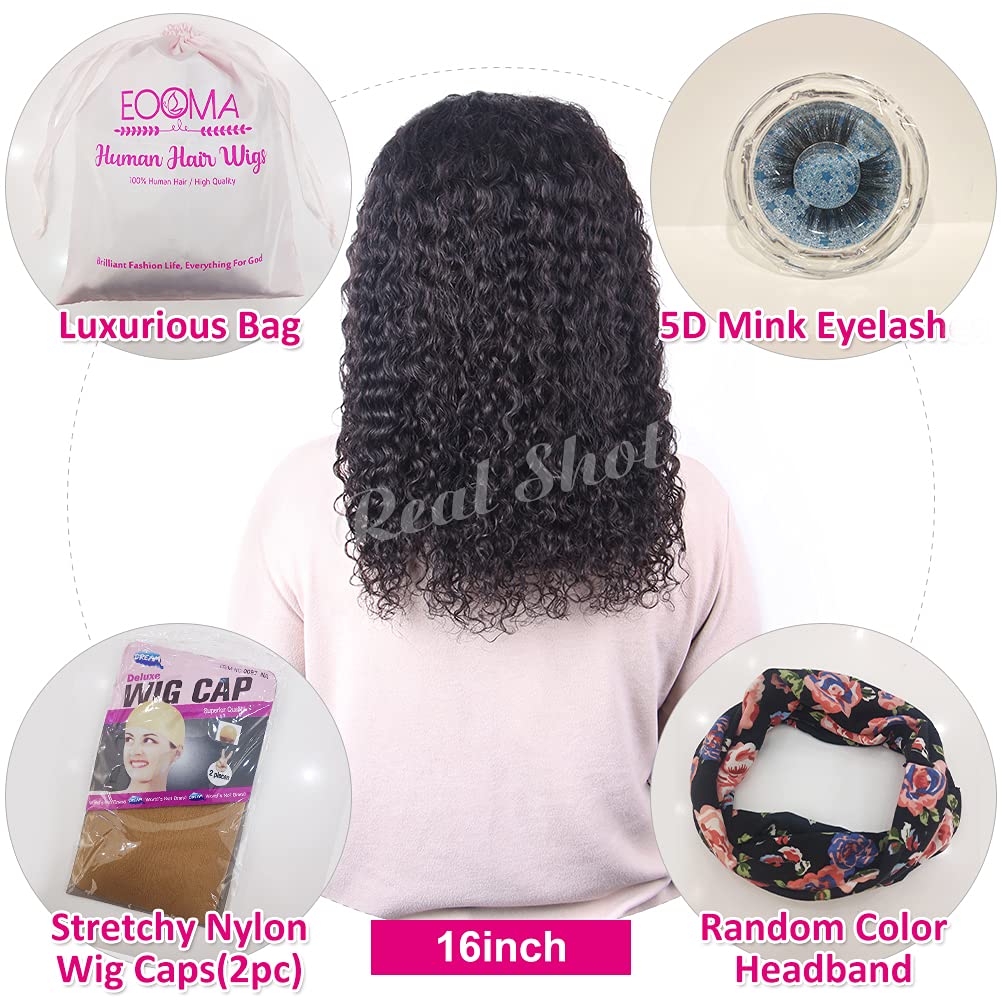 Eooma Curly Headband wig Human Hair 16 inch No Gel Kinky Curly Headband Wigs for Black Women 180 Density Scarf None Lace Front Wigs Human Hair