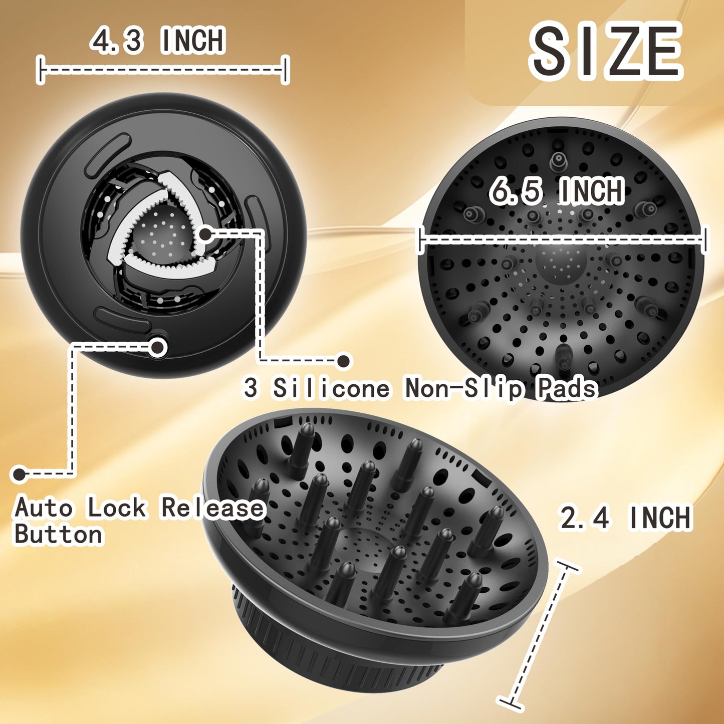 Hair Diffuser Attachment Universal Diffuser Hair Dryer for Curly Hair, Hair Dryer Diffuser for Blow Dry and Volumizing, Hair Diffuser for Curly Hair and Natural Wavy Hair (Black) BLOLYO