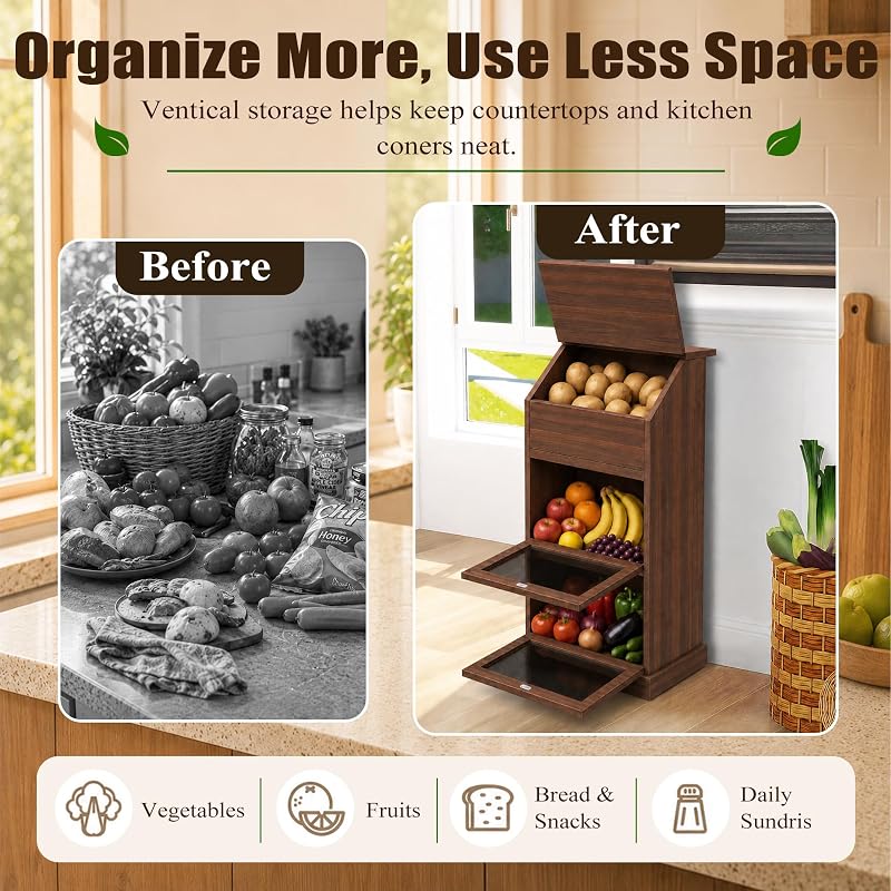 Verssure Walnut 3-Tier Wooden Produce Storage Cabinet with Lid - Fresh Produce Organizer