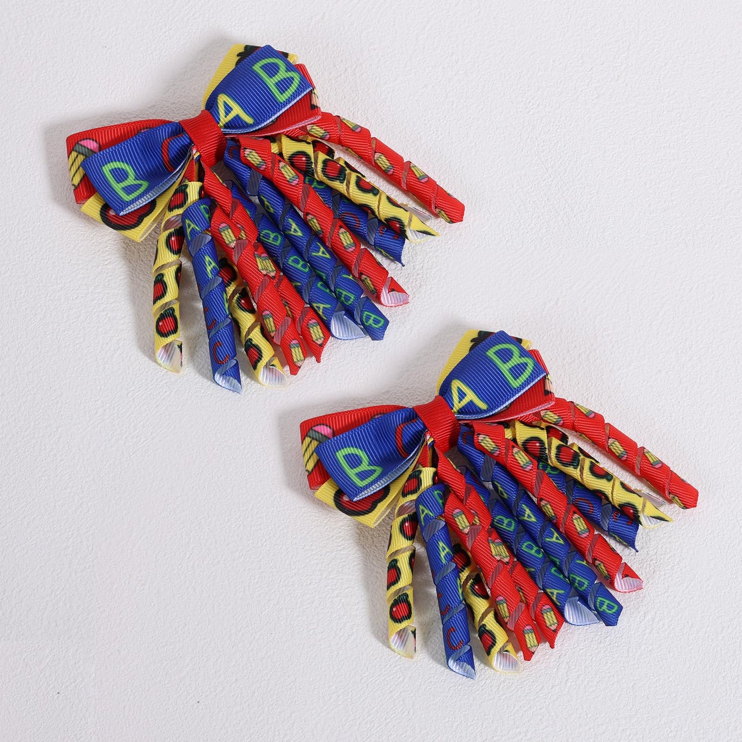 Back to School Hair Bow Clips 3 Inch Handmade Curly Ribbon Hairpins Boutique Lovely School Hair Accessories for Kids Girls, Red&Blue&Yellow