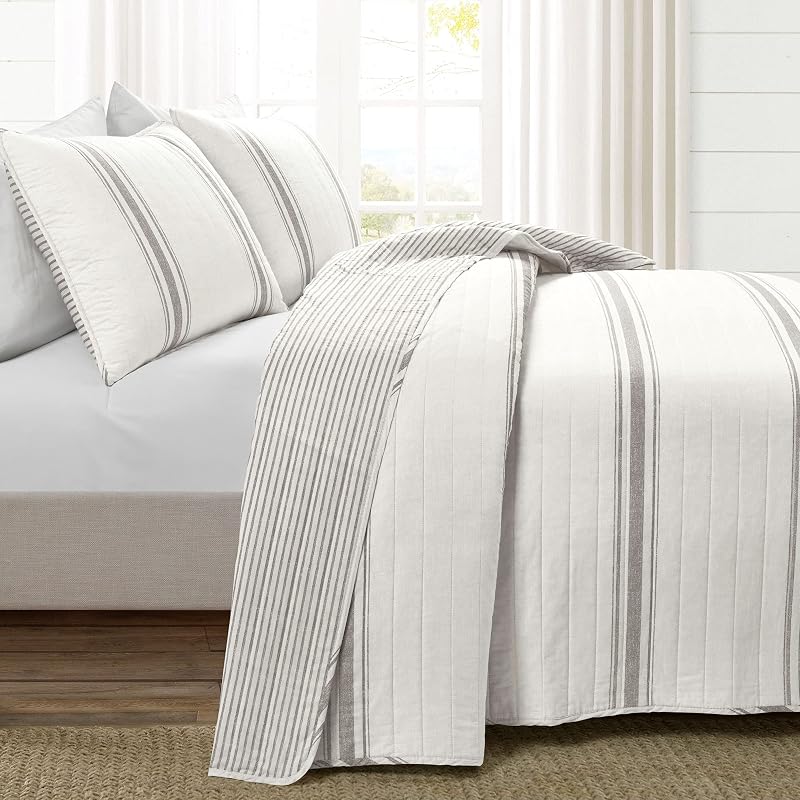 King Size Reversible Cotton Quilt Set - Farmhouse Gray Stripe 3 Piece (Gray + King)