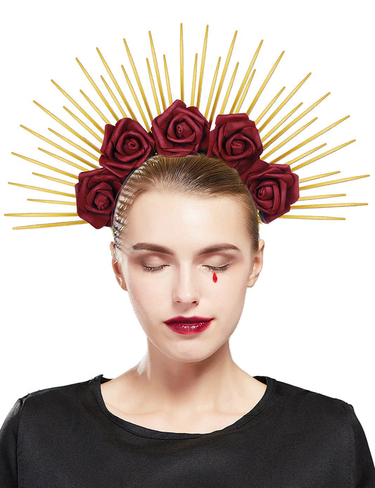 Fantherin Halo Crown with Roses Womens Mexican Flower Goddess Rose Spiked Sun Headpiece for Cosplay Halloween Costume