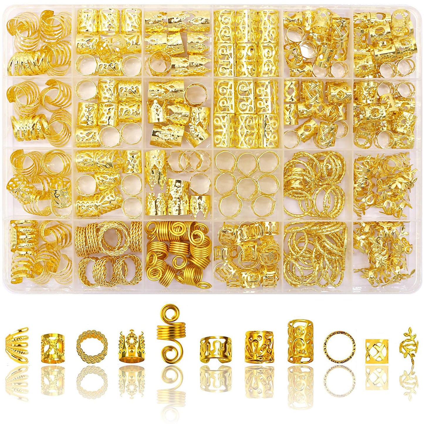 SVNMU 280 Pcs Gold Hair Jewelry for Braids Dreadlock Locs Metal Hair Clips Accessories for Women,Adjustable Hair Cuff Coils Rings Charms Braiding Decoration
