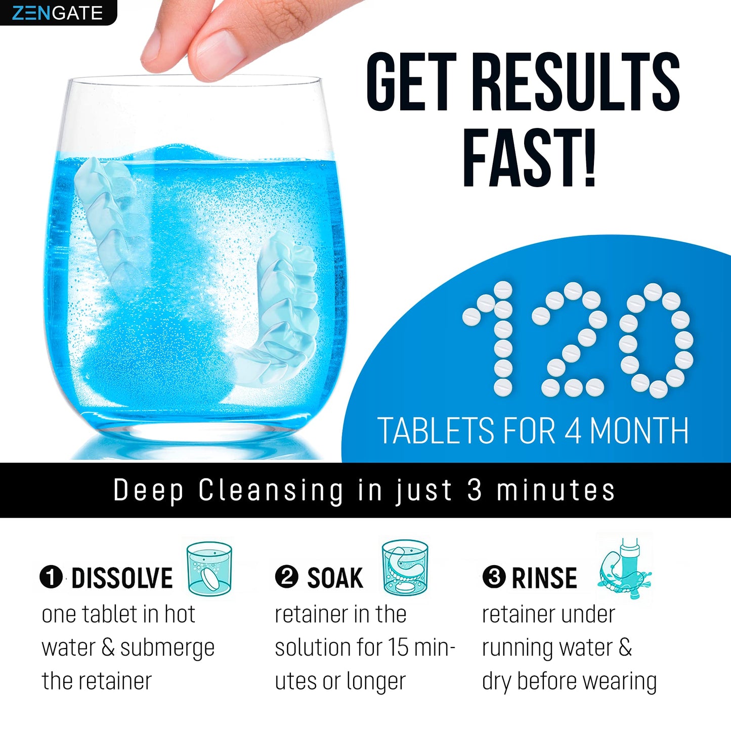 ZENGATE Retainer Cleaner Tablets - Quick 3-Minute Clean for Dentures, Mouth Guards, Aligners, and Night Guards - 120 Dental Cleansing Tablets - FSA HSA Approved Dental Appliance Cleanser
