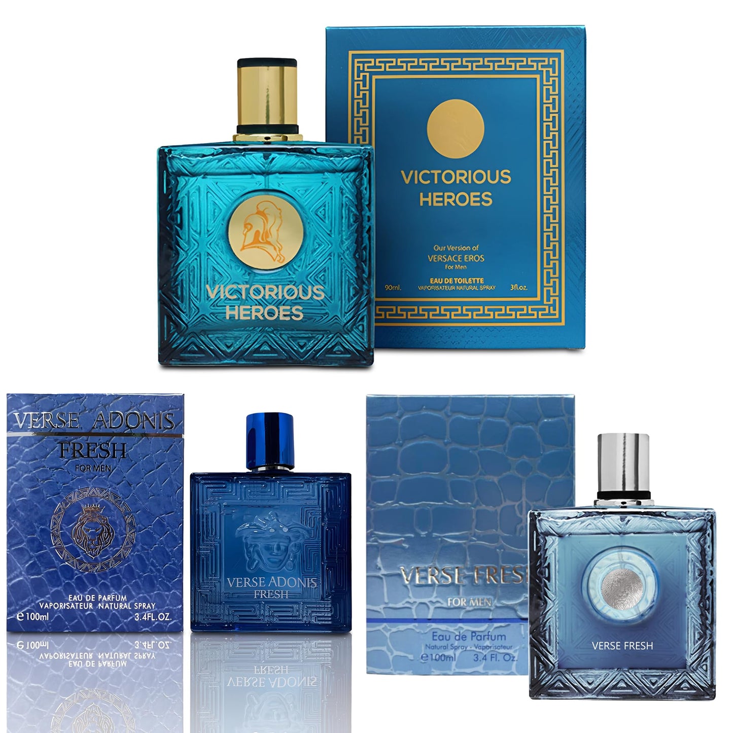 A CENTER 3Pack Men Cologne Victorious Heroes&Verse Fresh&Verse Adonis Fresh Eau De Parfume Spray with Woody Floral & Fruity Scent Perfume Gift Set Day to Night Luxury Fragrances