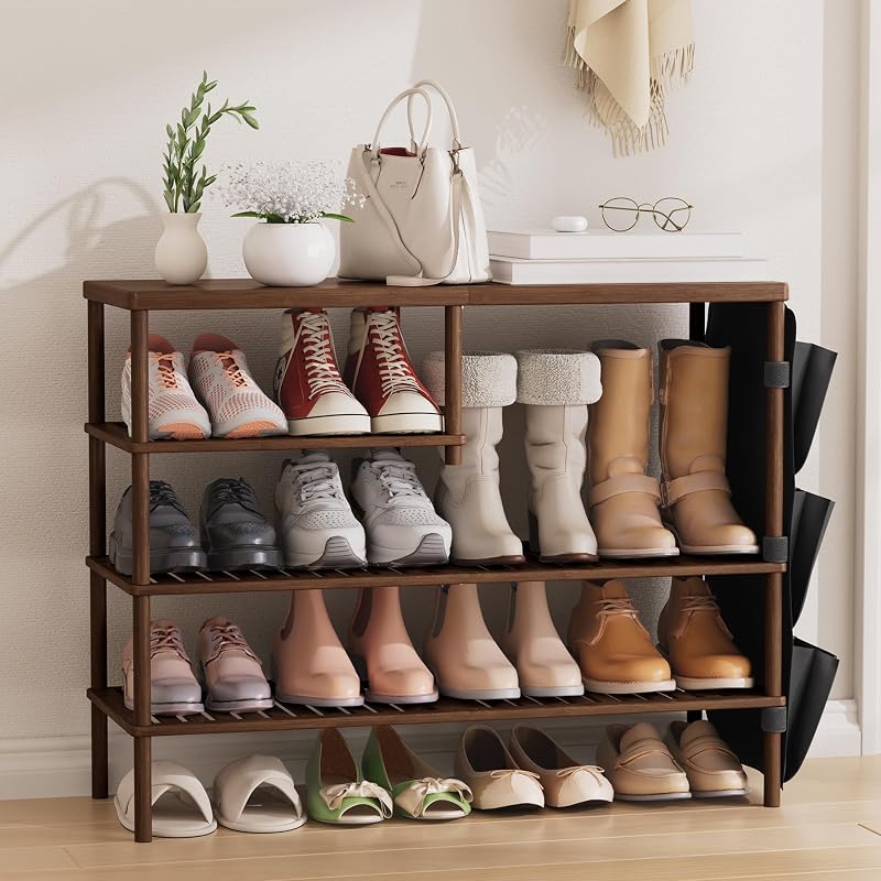 Walnut Brown 4-Tier Bamboo Shoe Rack Organizer | Freestanding 20-24 Pairs