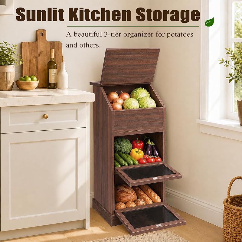Verssure Walnut 3-Tier Wooden Produce Storage Cabinet with Lid - Fresh Produce Organizer