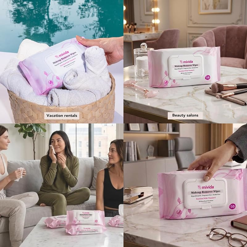 Fragrance Free Hypoallergenic Makeup Remover Wipes 200 Count - 4 x 50, Vitamin E, Alcohol-Free