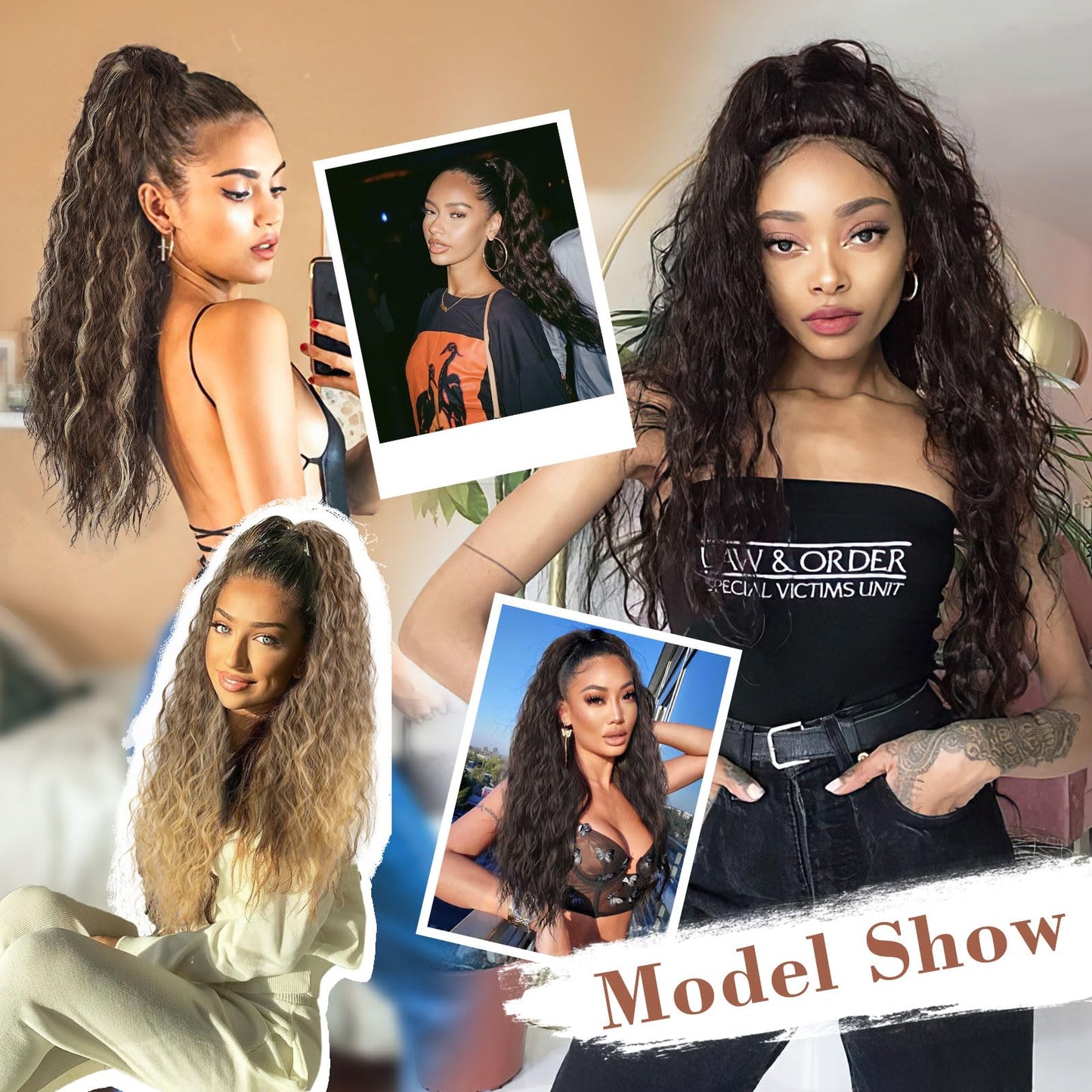 QGZ Ponytail Extension 26 Inch Claw Clip in Ponytail Extensions Long Wavy Curly Fluffy Pony Tails Hair Extensions Synthetic Hairpieces for Women(Brown with Blonde Highlights)