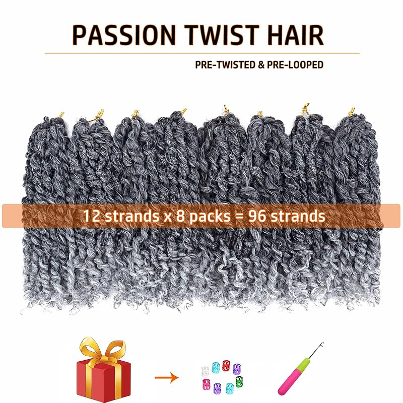 Pre-twisted Passion Twist Hair 10 Inch - 8 Pack, 1B/Gray, Crochet Braids, Pre-looped