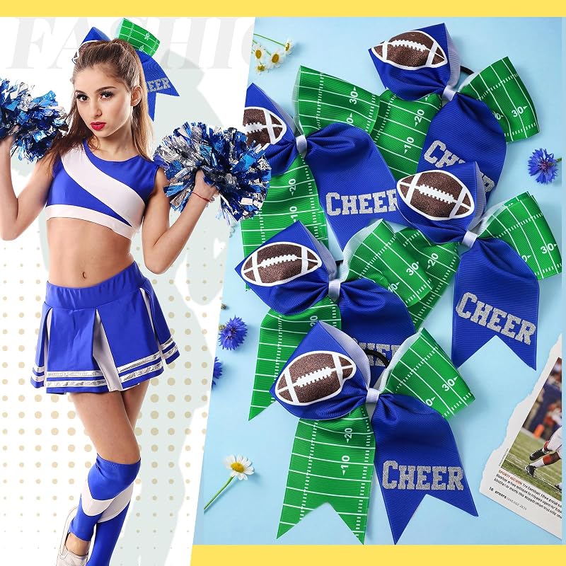 Blue Football Cheer Hair Bows 7" x20 Glitter Cheerleading Bows Variation: Blue