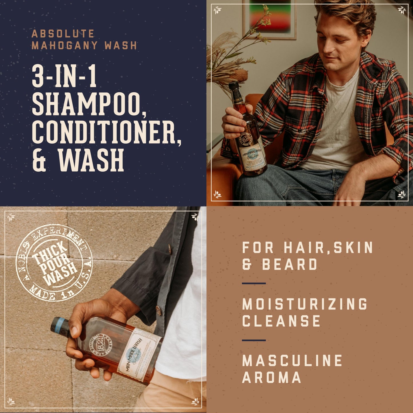18.21 Man Made Original Absolute Mahogany 3-in-1 Body Wash, Shampoo, & Conditioner for Men, All Hair & Skin Types, Strengthens and Moisturizes in a Manly Aroma, 3.4oz